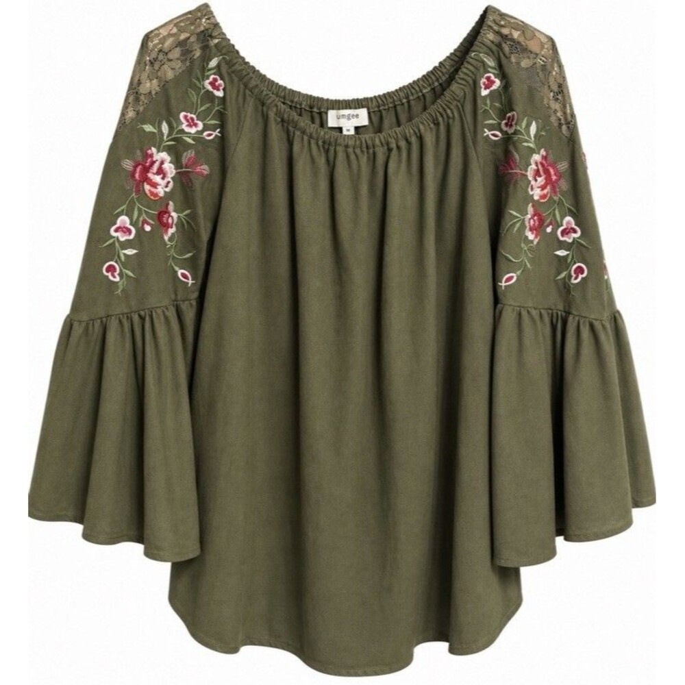 Umgee Olive Green Faux Suede Embroidered On/Off Shoulder Bell Sleeve Top Medium